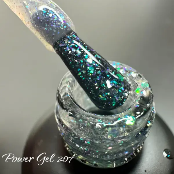 לק ג'ל Power Gel 207, לק ג'ל צבע שחור שקוף גליטר ירוק