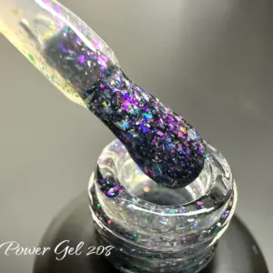 לק ג'ל Power Gel 208, לק ג'ל צבע שחור שקוף גליטר סגול