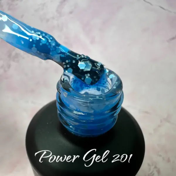 לק ג'ל Power Gel 201, לק ג'ל צבע כחול גליטר שקוף